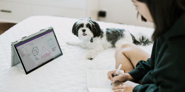person sits with dog on bed using a tablet