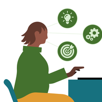 graphic art of a person sitting at a desk with a laptop along with icons of a lightbulb, cogs, and a dartboard