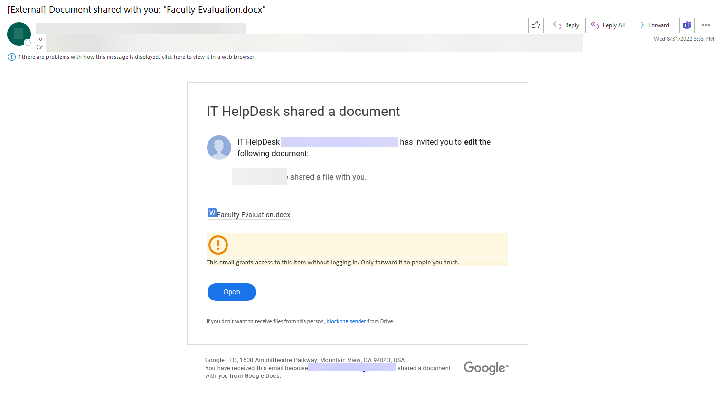 Screenshot of phishing message
