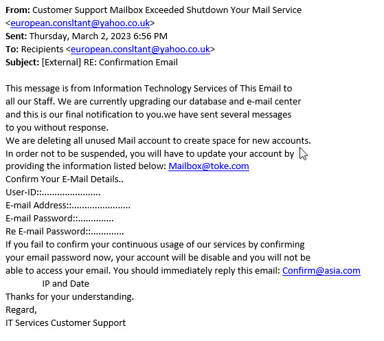 phishing confirmation email information technology