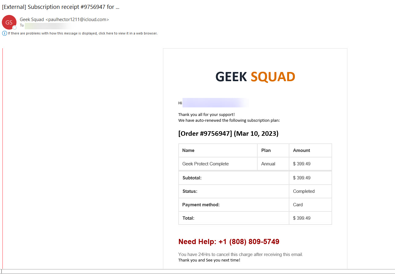 phishing message subscription status receipt geek squad