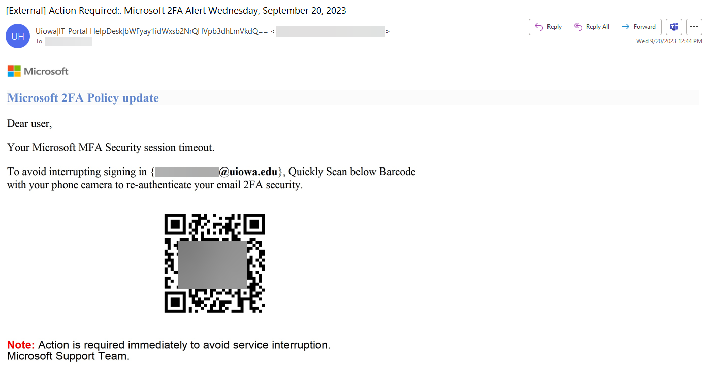 example of phishing message
