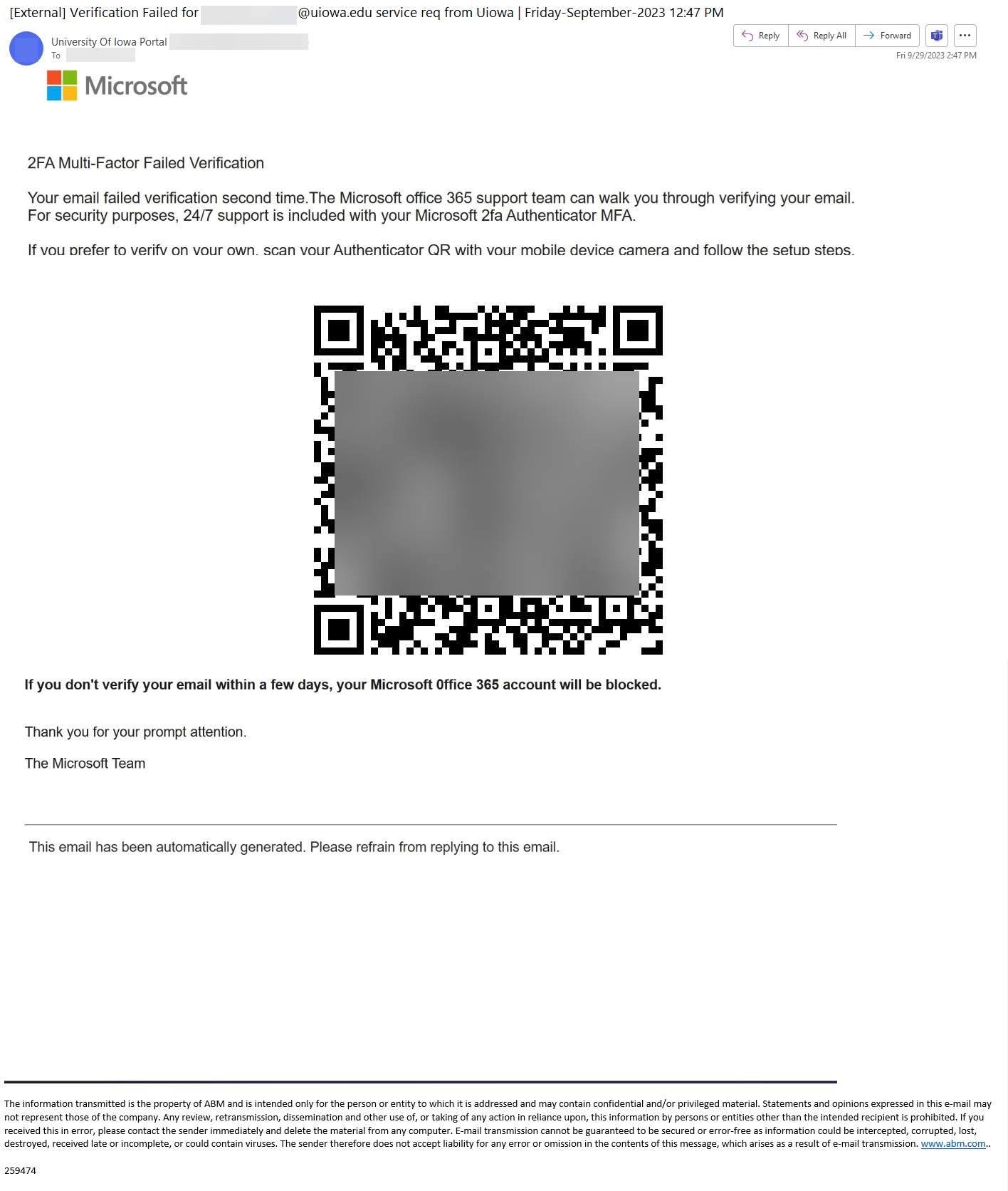 Phishing email contents