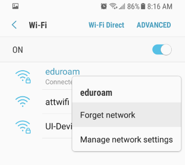 Android long press eduroam then tap Forget network