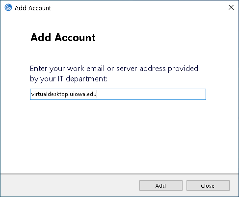 Image of Citrix Workspace Add Account window