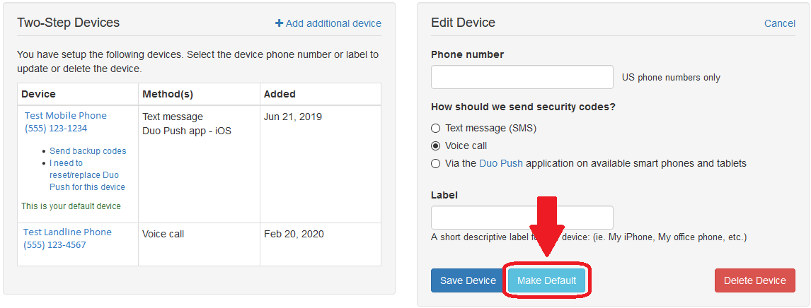 Button to change default device in Duo Two-Step profile