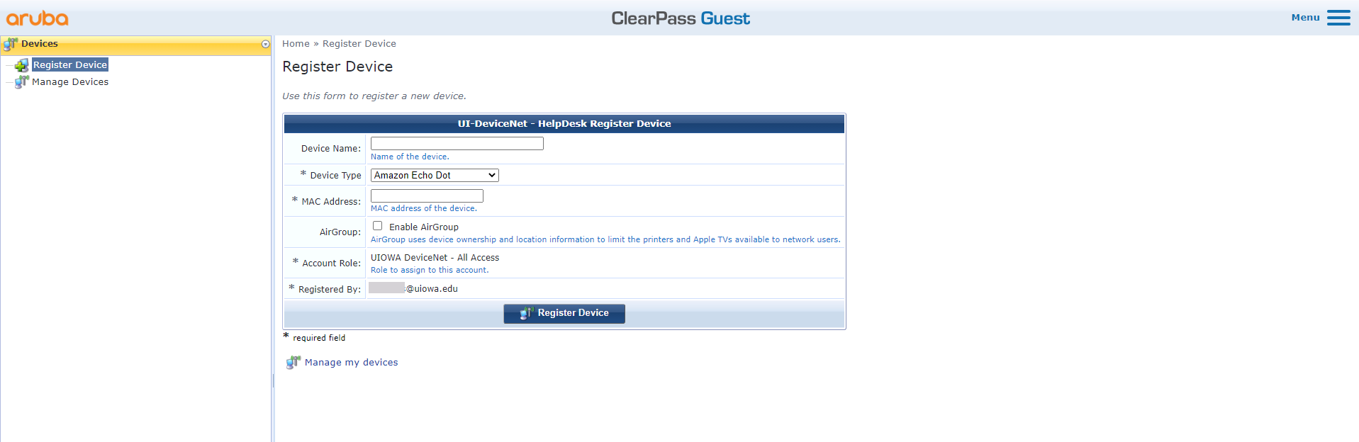 Image shows Device Registration Page