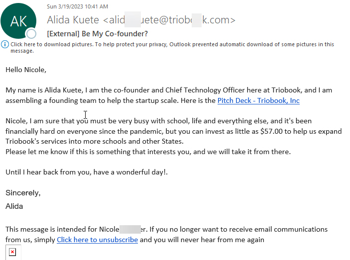 Phish message with text begining with "Hello yourname, My name is Alida Kuete, I am the co-founder and Chief Technology Officer here at Triobook,"
