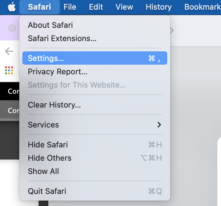 Inställningsmeny markerad i Safari-menyn längst upp på macOS