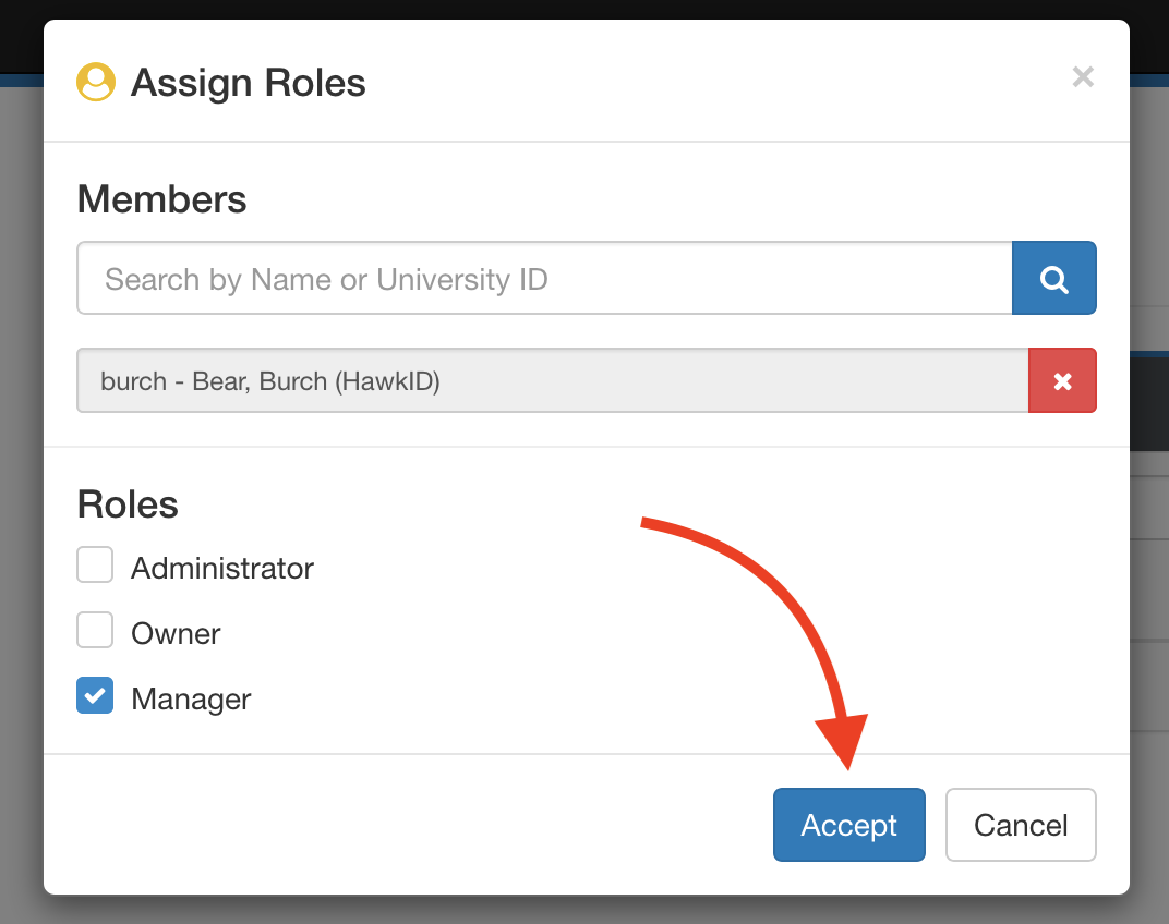 Click accept button to complete assigning a resource role