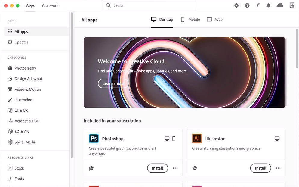 Adobe CC Desktop App Main Window