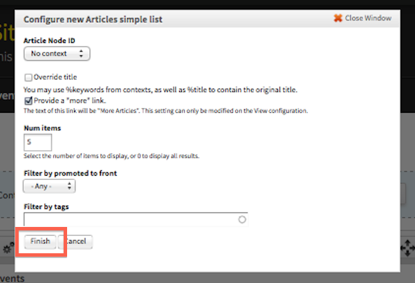 The configuration dialog for the Articles Simple List pane with a red rectangle around the Finish button