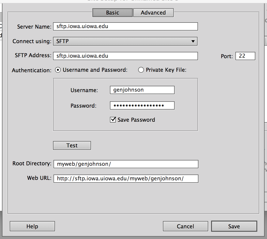 Completed settings form for a new site in Dreamweaver