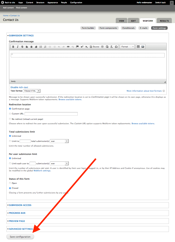 Save configuration button for webform settings