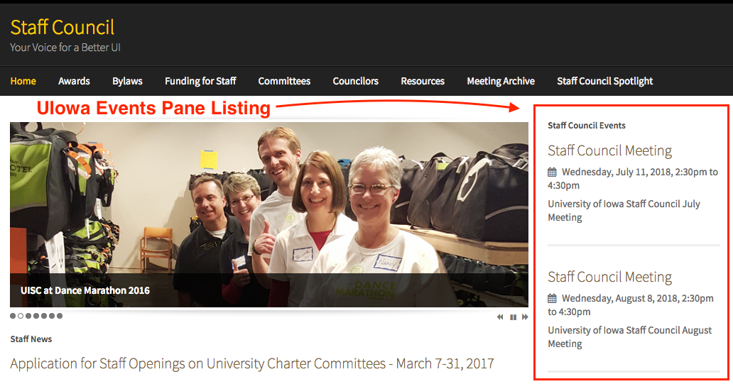 UI Events pane on the Staff Council website