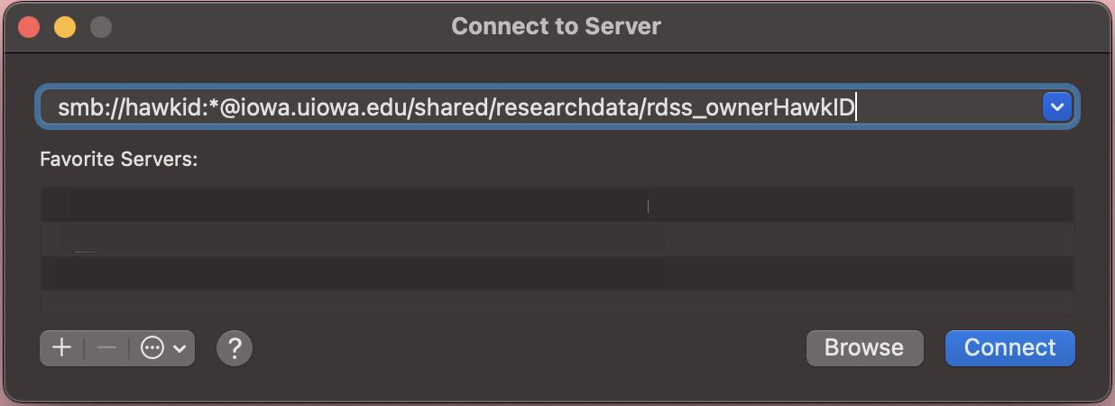 Server address for an RDSS drive with a user name specified