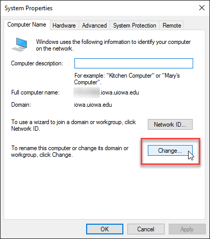 Click Change on Computer Name Tab of System Properties