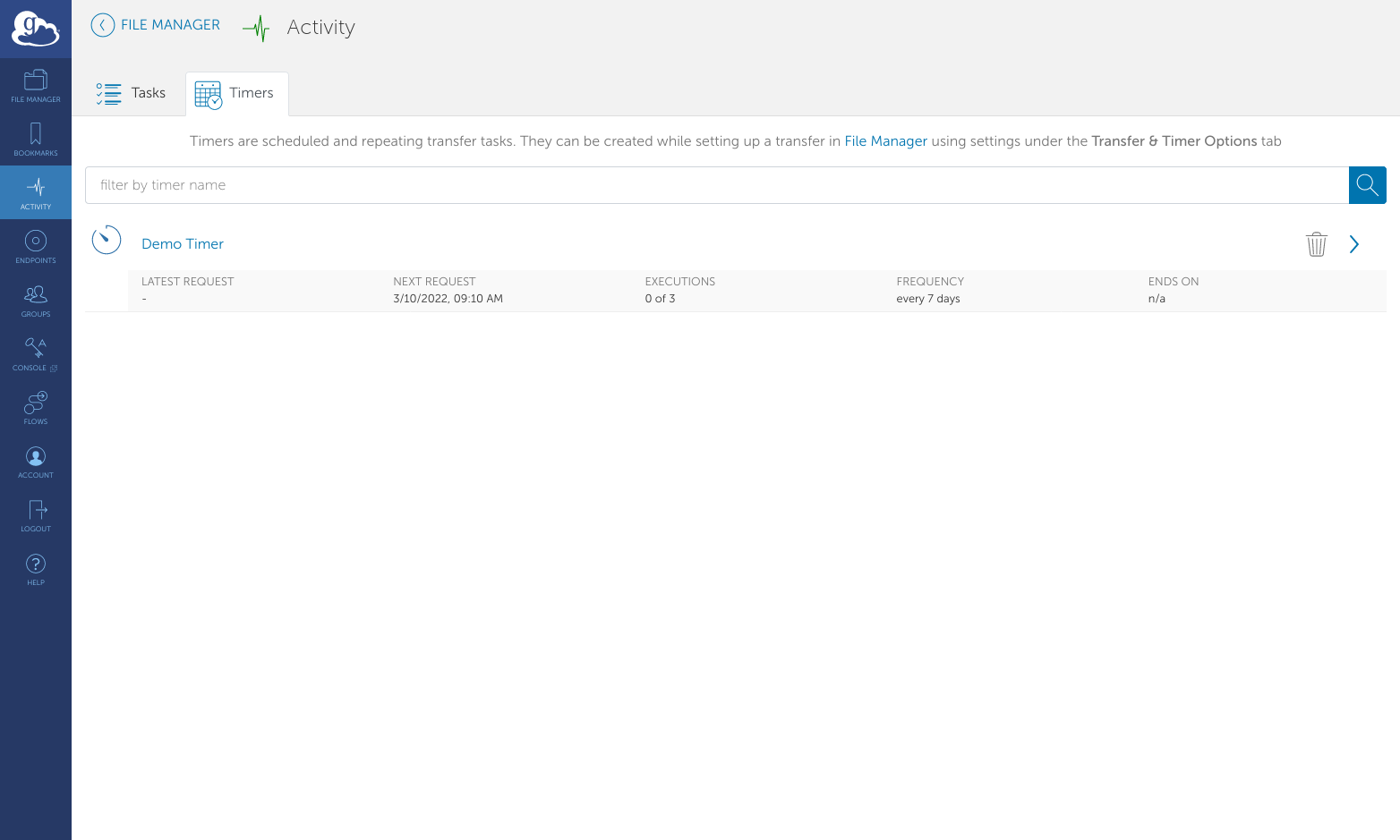 Screenshot of timers tab on Globus Activity page