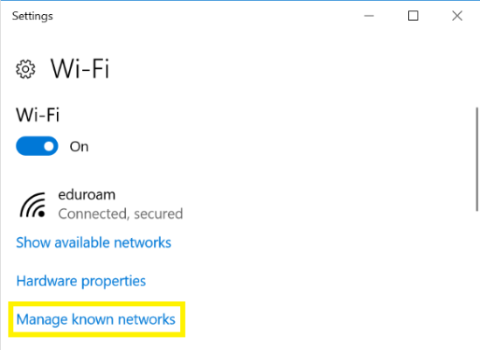 Windows 10 click Manage known networks