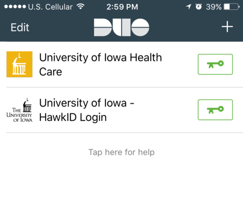 Smartphone screenshot showing account list in Duo Mobile