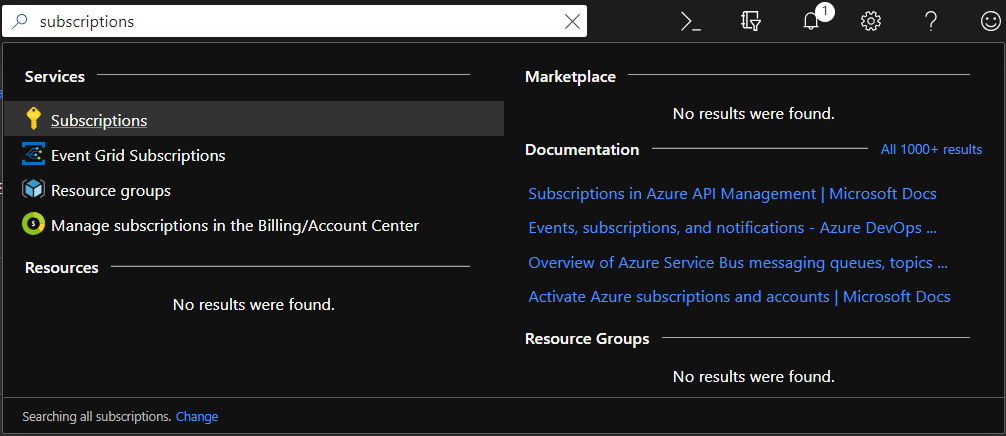 searching for subscriptions in the resource type search box on Azure portal