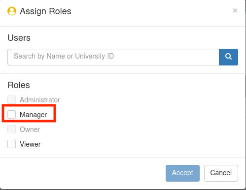 Dialouge to assign roles in Access Management, with the Manager role highlighted