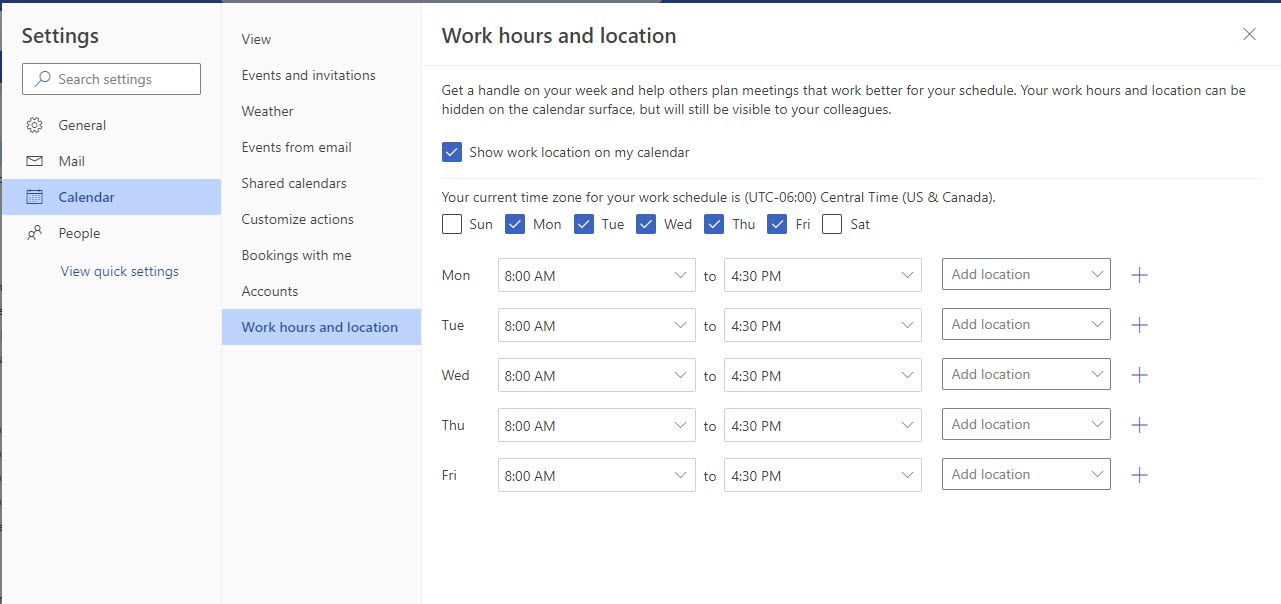 outlook owa work hours and location
