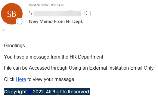 image of  the Phish message with text begining with "Greetings ,    You have a message from the HR Department"
